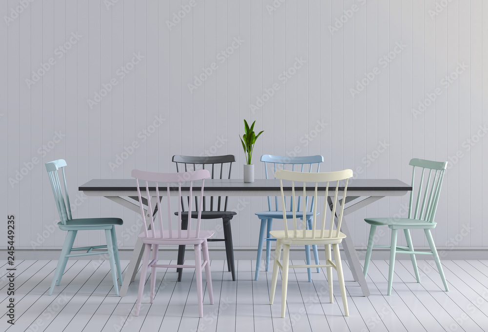 3D render of neutral interior with table chairs empty wall background.