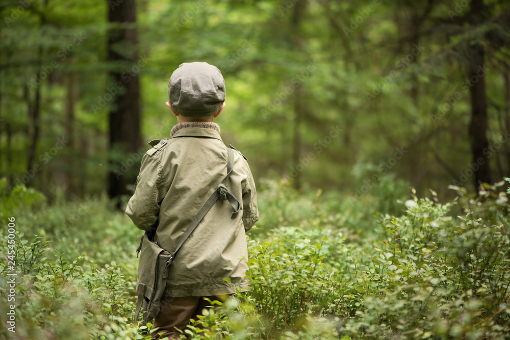 A boy in the woods, standing among trees, stands with his back turned. He is dressed in a green jacket and hat, wandering or lost his way. cover photo of the book.