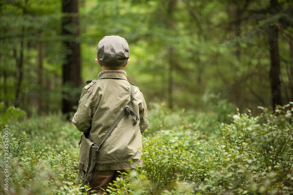 A boy in the woods, standing among trees, stands with his back turned. He is dressed in a green jacket and hat, wandering or lost his way. cover photo of the book. A boy in the woods, standing among trees, stands with his back turned. He is dressed in a green jacket and hat, wandering or lost his way. cover photo of the book.