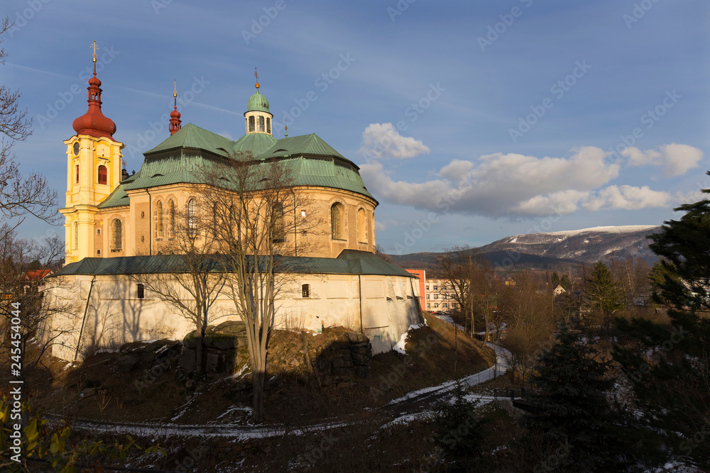 Baroque Basilica of the Visitation Virgin Mary in Winter, place of pilgrimage, Hejnice, Czech Republic