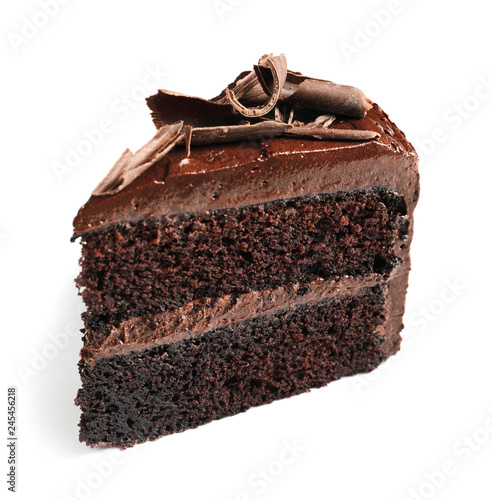 Piece of tasty homemade chocolate cake on white background