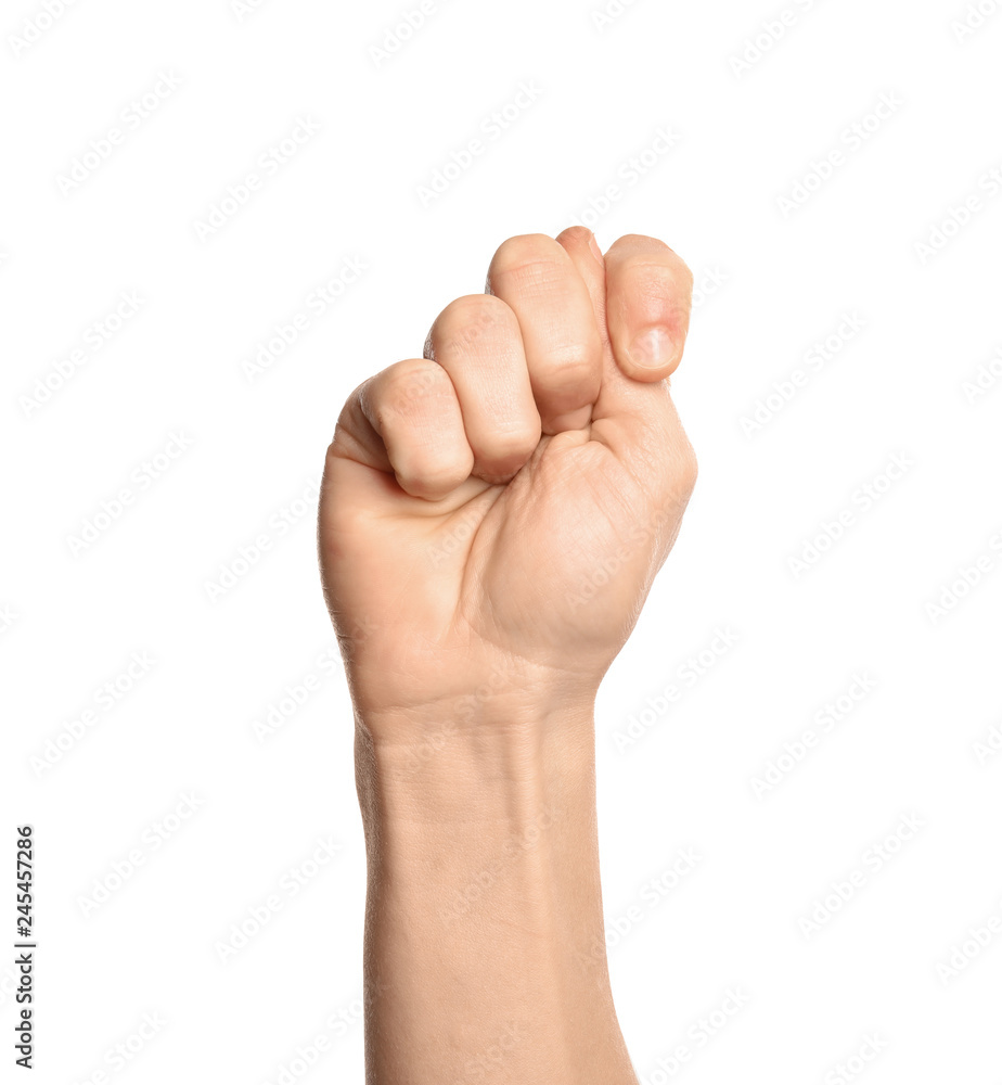 Man showing T letter on white background, closeup. Sign language Man showing T letter on white background, closeup. Sign language