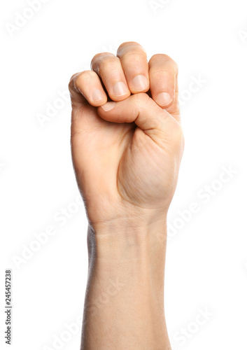 Man showing E letter on white background, closeup. Sign language