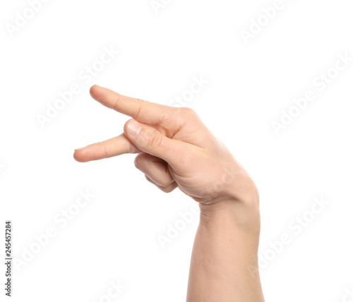 Man showing K letter on white background  closeup. Sign language