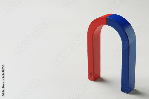 Red and blue horseshoe magnet on white background. Space for text