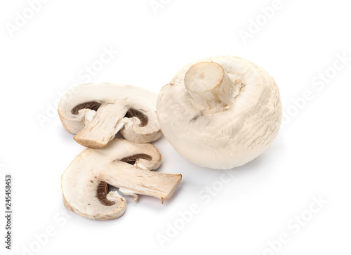 Fresh champignon mushrooms on white background, closeup