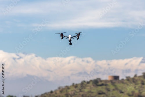 Drone flying and working for ortophoto and thermal analysis of PV Plants with visual and thermal camera. UAV are used for easy aerial inspections of Solar, Wind and Hydro renewable energy resources