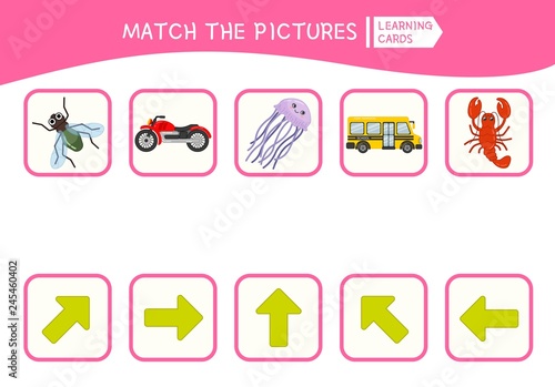 Matching children educational game. Match of objects and arrows. Activity for pre sсhool years kids and toddlers.
