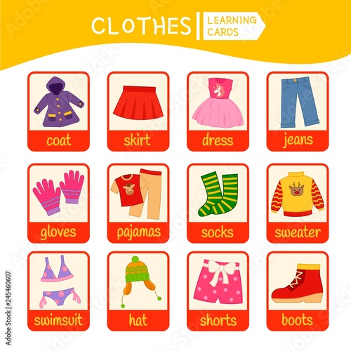 A set of educational cards for children. Clothes. Material for games and activities with kids.