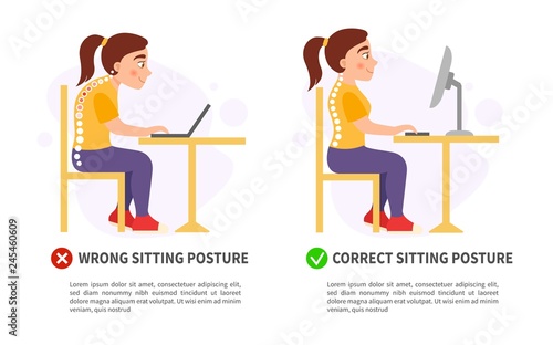 Vector poster wrong and correct sitting posture. Illustration of cute girl.