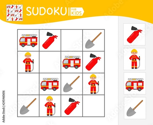 Sudoku game for children with pictures. Kids activity sheet. Cartoon fire engine and fireman.