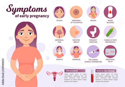 Vector poster pregnancy Symptoms. Simptoms of pregnancy before and after menstruation delay. Illustration of a cute girl with a pregnancy test.