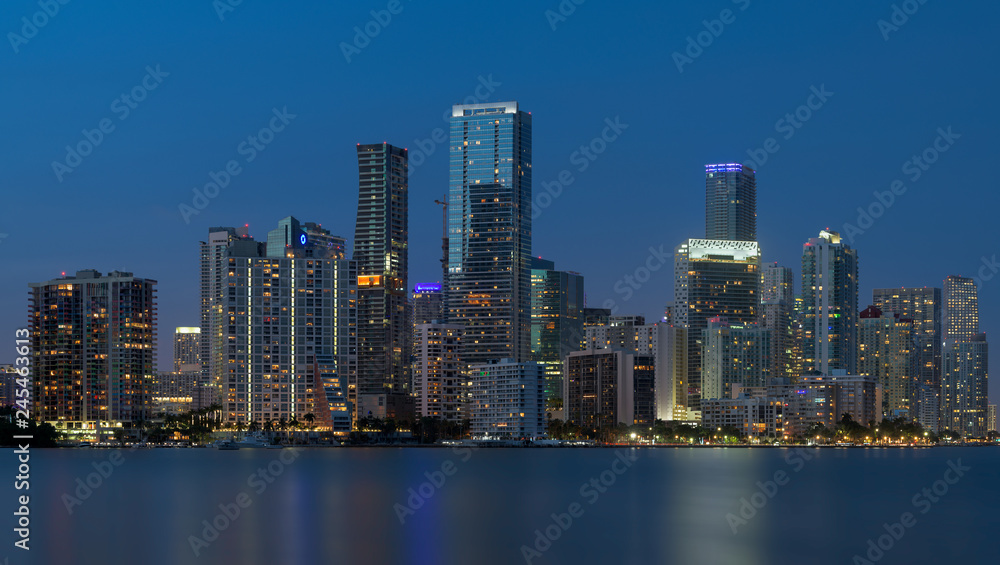 Cityscape of the Miami skyline at night from Miami, Florida
