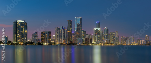 Panoramic cityscape of the Miami skyline at night from Miami, Florida