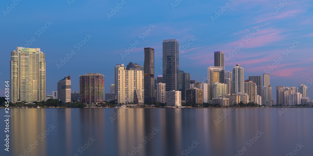 Panoramic cityscape of the Miami skyline at twilight from Miami, Florida