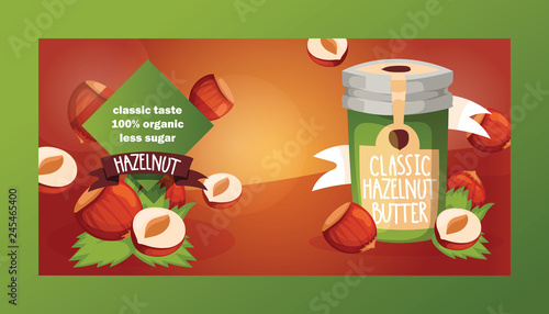 Nut vector nutshell of hazelnut with butter chocolate honey in glass jar set backdrop organic food nutrition with hazel nuts illustration diet background banner