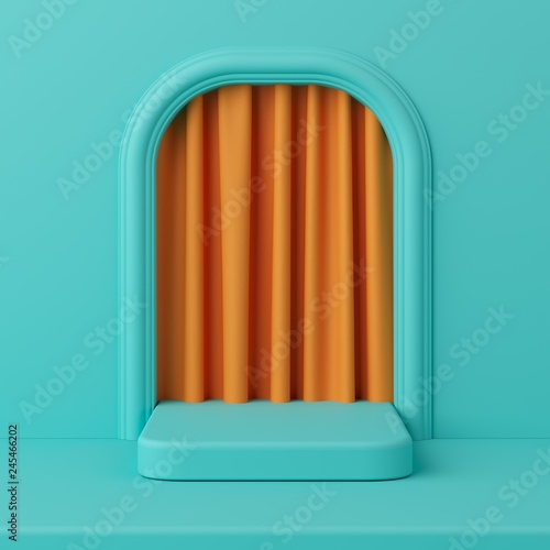 Minimal concept green color podium with orange color curtain for product. 3d rendering