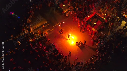 AERIAL, Haad Rin Beach at night on Full Moon Party in Koh Phangan island, Thailand 