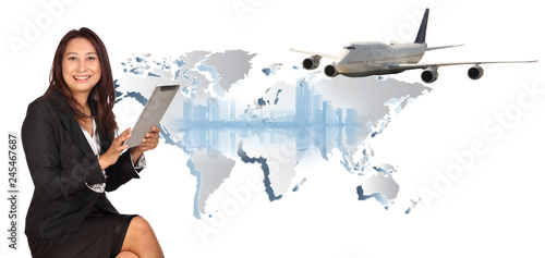 business woman is working with Commercial plane , Transportation, import-export and logistics, Travel concept