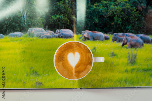coffee latte art heart shape with wild animals book