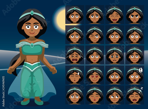 Arabian Night Princess Girl Cartoon Emotion faces Vector Illustration