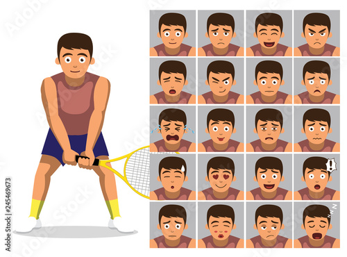 Man Tennis Player Cartoon Emotion Faces Vector Illustration