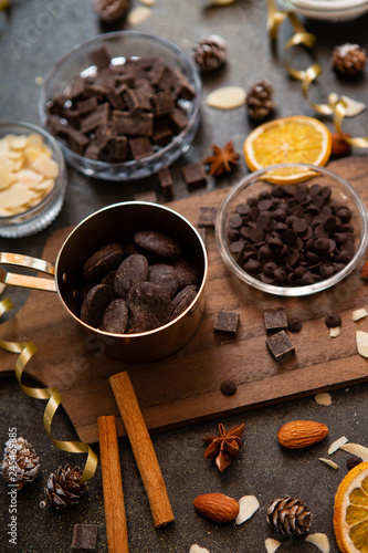 chocolates, ingredients on black table 