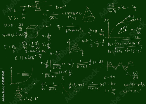 Mathematical equations on a blackboard,green color