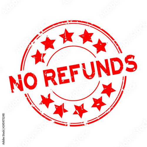 Grunge red no refunds word with star icon rubber seal stamp on white background