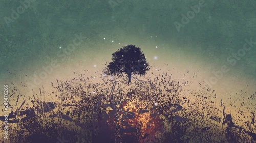motion graphic of the tree with explosion below, digital painting