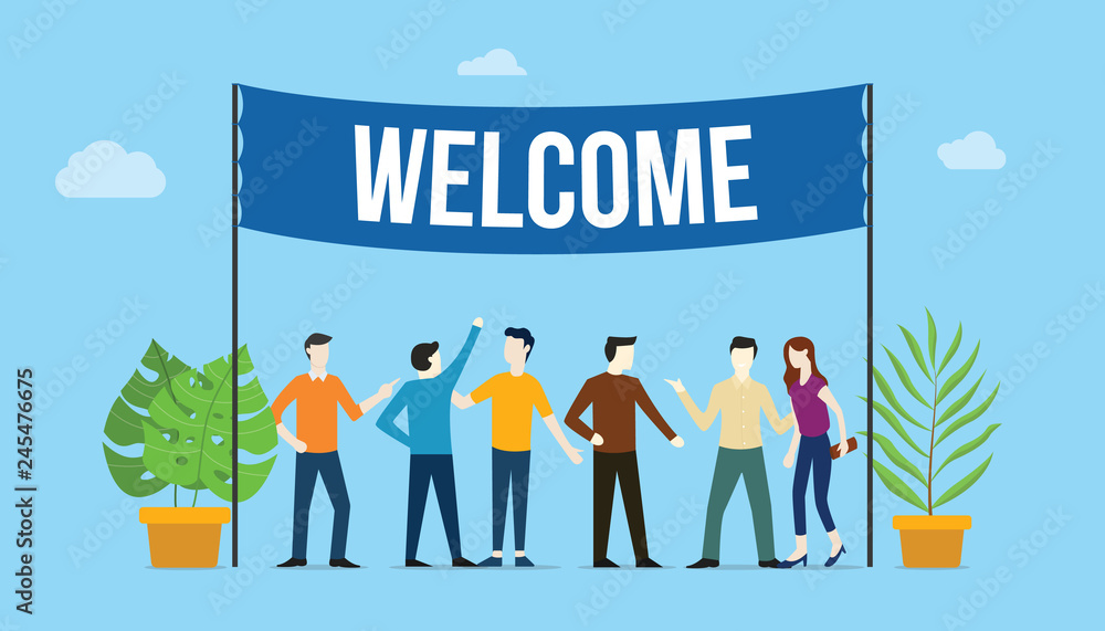 welcome sign board welcomes concept with business team people with big banner on top with green tree plants - vector welcome sign board welcomes concept with business team people with big banner on top with green tree plants - vector
