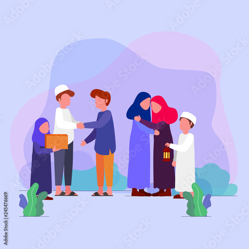 Eid Mubarrak, families visit each other tradition on eid vector illustration greeting card