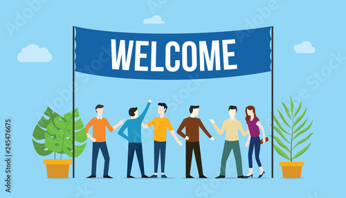 welcome sign board welcomes concept with business team people with big banner on top with green tree plants - vector photo