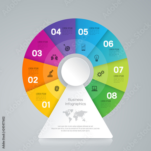 Infographics design vector and business icons with 8 options.