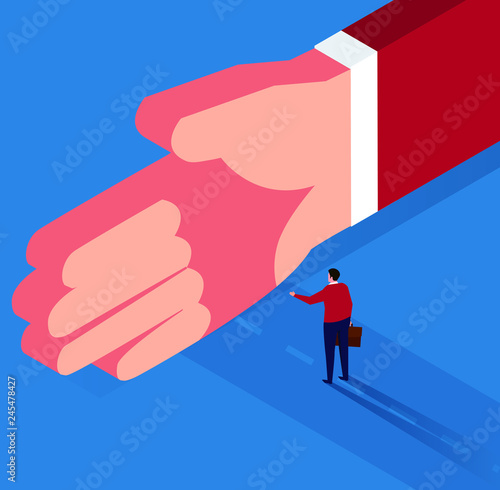 The road ahead of the businessman is blocked by huge hands