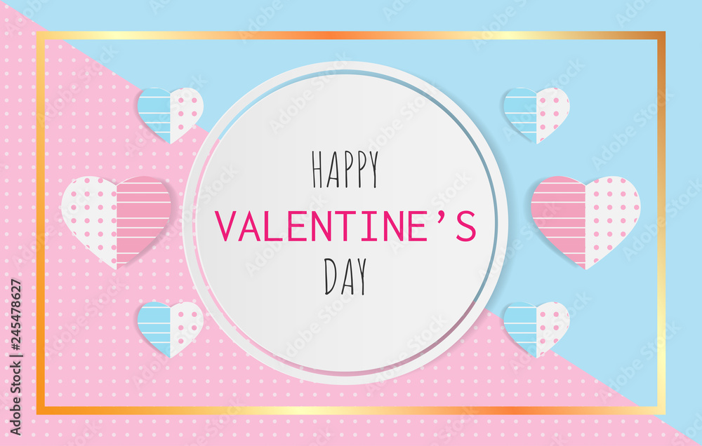 Paper art of Happy Valentine's Day text on white circle card on pastel color background