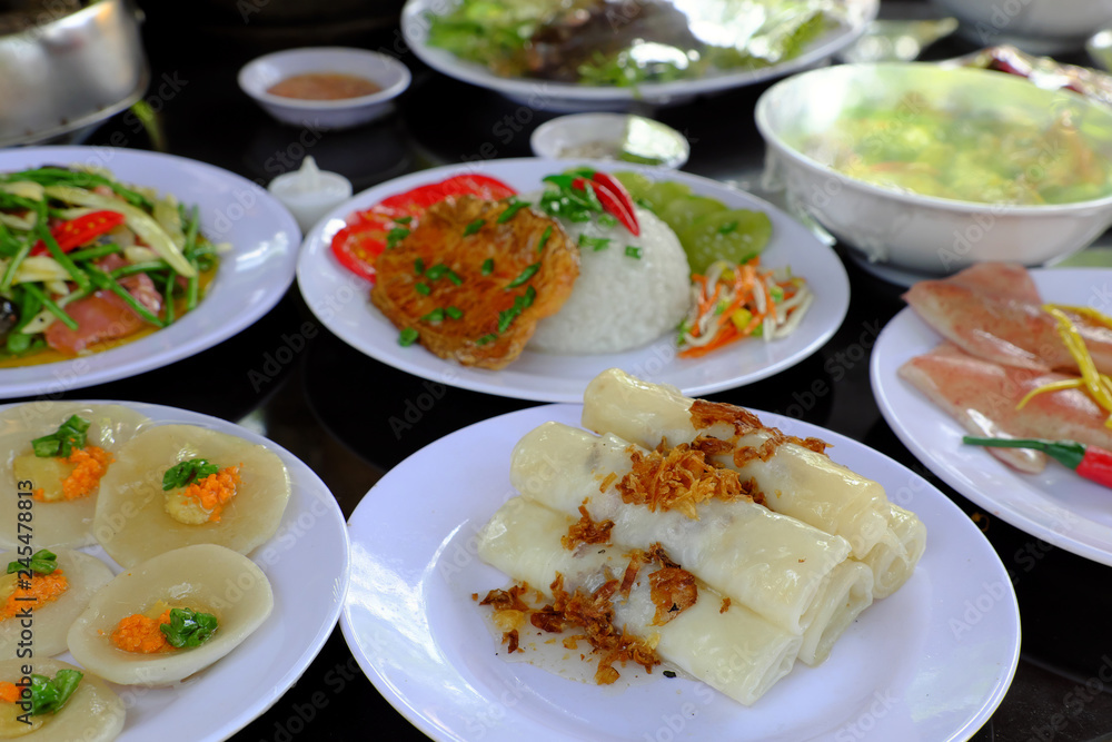 Variety of food, Vietnamese food model on table Variety of food, Vietnamese food model on table