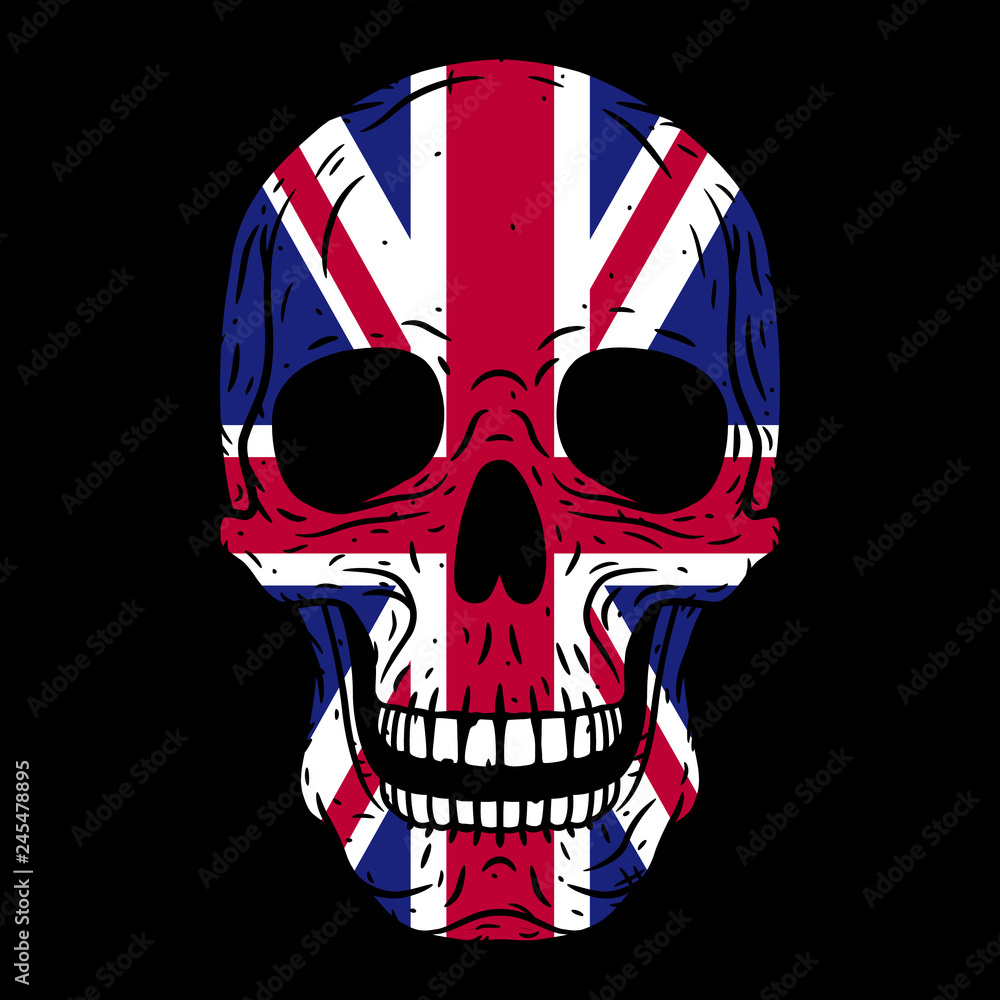 Human skull with United Kingdom flag isolated on black background ...