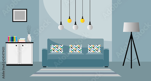 Flat design of living room interior with sofa, pillows, book, picture flame and carpet, vector illustration