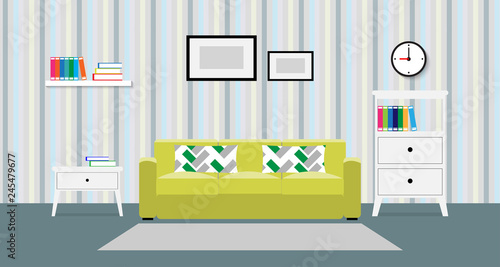 Flat design of living room interior with sofa, pillows, book, picture flame and carpet, vector illustration