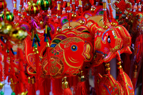Close up of vibrant red ornaments for Tet at decoration shop, Vietnam