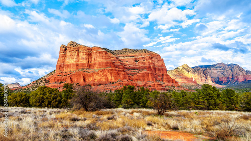 The red rock mountain Courthouse Butte between the Village of Oak Creek and Sedona in Northern Arizona in Coconino National Forest in the United States