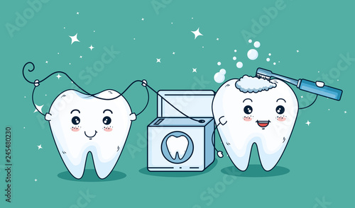 teeth care treatment with toothbrush and dental floss