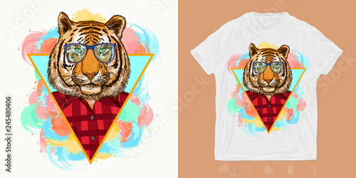 Hipster tiger, fashion animals. Print for t-shirts and another, trendy apparel design