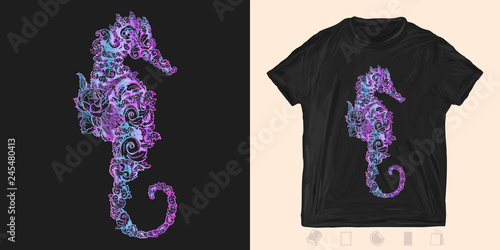 Sea horse. Print for t-shirts and another, trendy apparel design. Symbol of travel, freedom, navigation, sea adventure