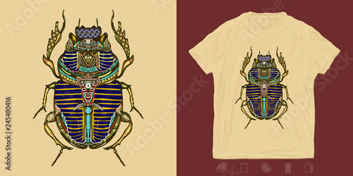 Gold scarab. Print for t-shirts and another, trendy apparel design. Egyptian sacred bug gold scarab, symbol of sun