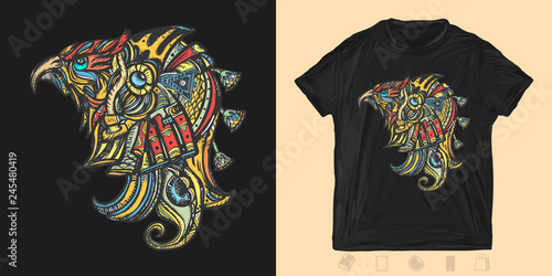 Egyptian god Horus, eye of Ra. Print for t-shirts and another, trendy apparel design. Symbol of ancient civilization