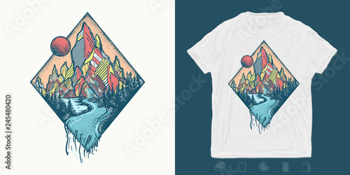 Mountains and river. Print for t-shirts and another, trendy apparel design. Outdoors concept. Meditation symbols, travel, tourism