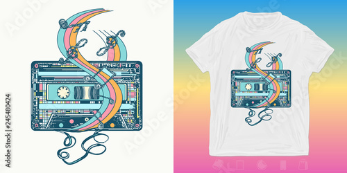 Audio cassette and music notes. Print for t-shirts and another, trendy apparel design. Symbol of old school lifestyle, pop music, disco, rock