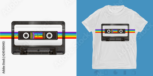 Audio cassette and rainbow. Music rint for t-shirts and another, trendy apparel design. Old school style 80s and 90s